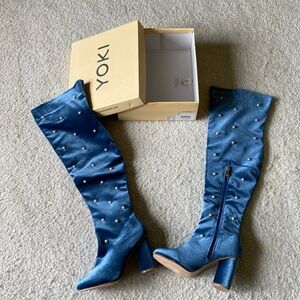 Yoki Blue Over the Knee Boots with Pearl Accents